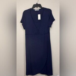 NWT Ekouaer Maternity Nursing Wrap Dress Navy Blue Short Sleeve - Size L